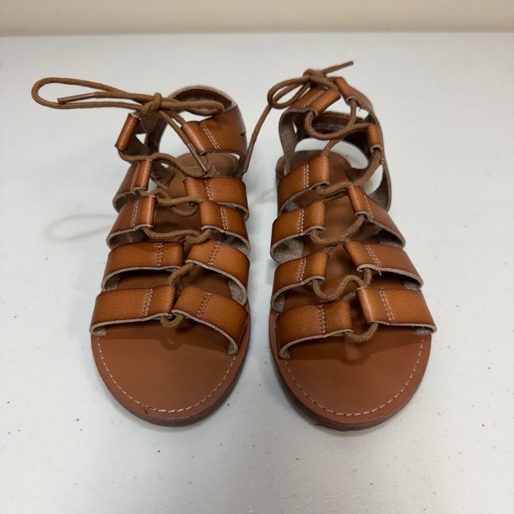Gladiator Brown Sandals Womens 7 Vegan Leather Laceup OpenToe Boho Summer Summer - Picture 2 of 10